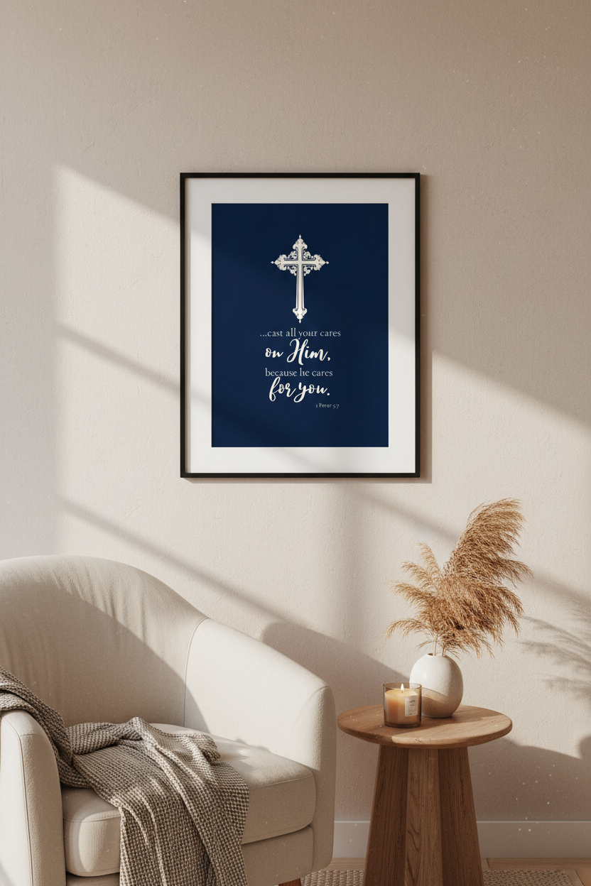 1 Peter 5:7 Navy Framed Wall Mockup