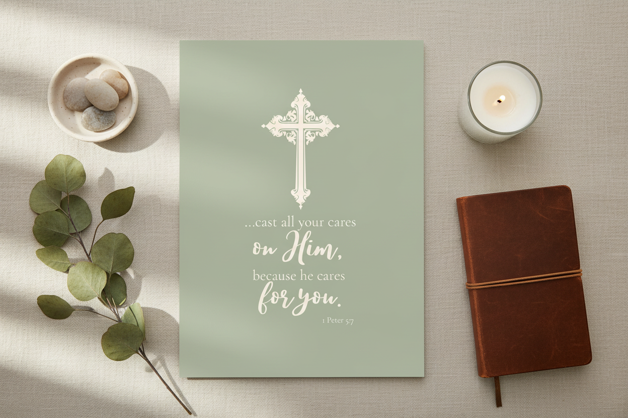 1 Peter 5:7 Sage Flat Lay Mockup