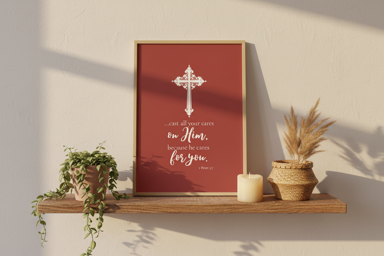 1 Peter 5:7 Terracotta Shelf Mockup