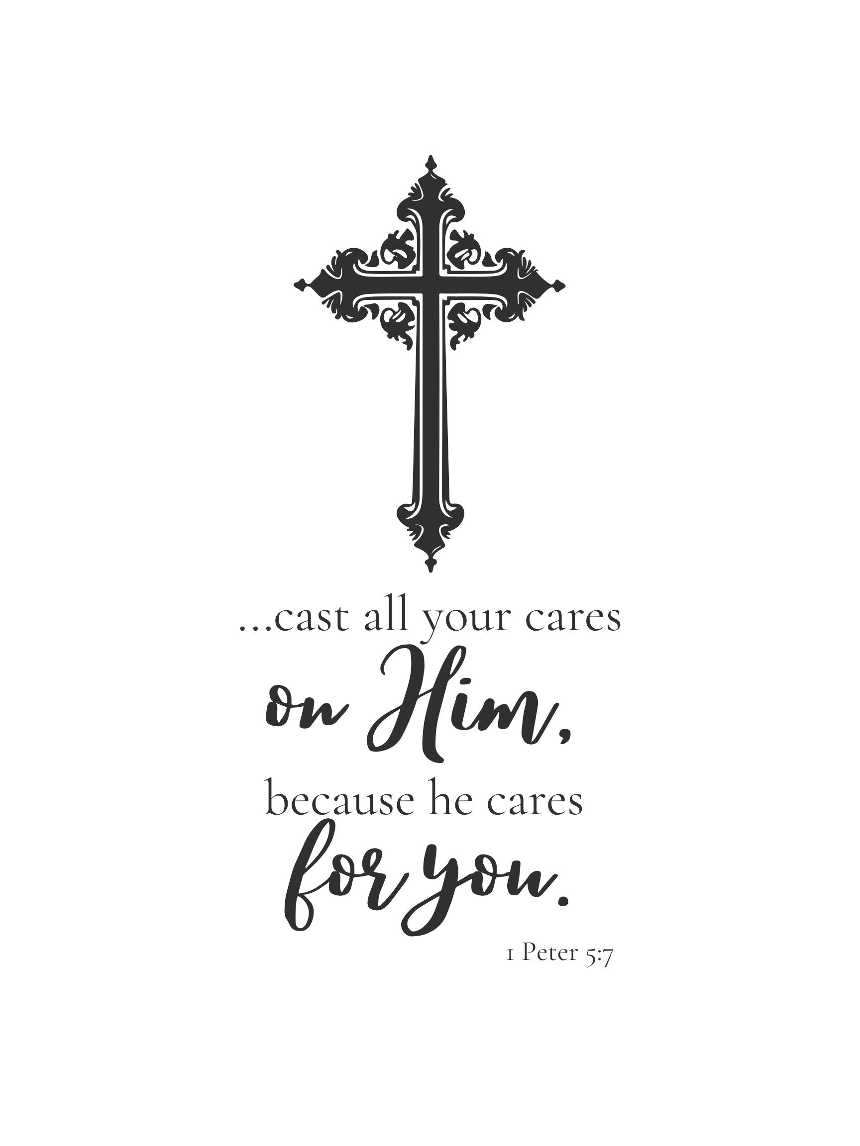 1 Peter 5:7 Scripture Print | Cast All Your Cares on Him | Black White Navy Sage Terracotta Digital Download