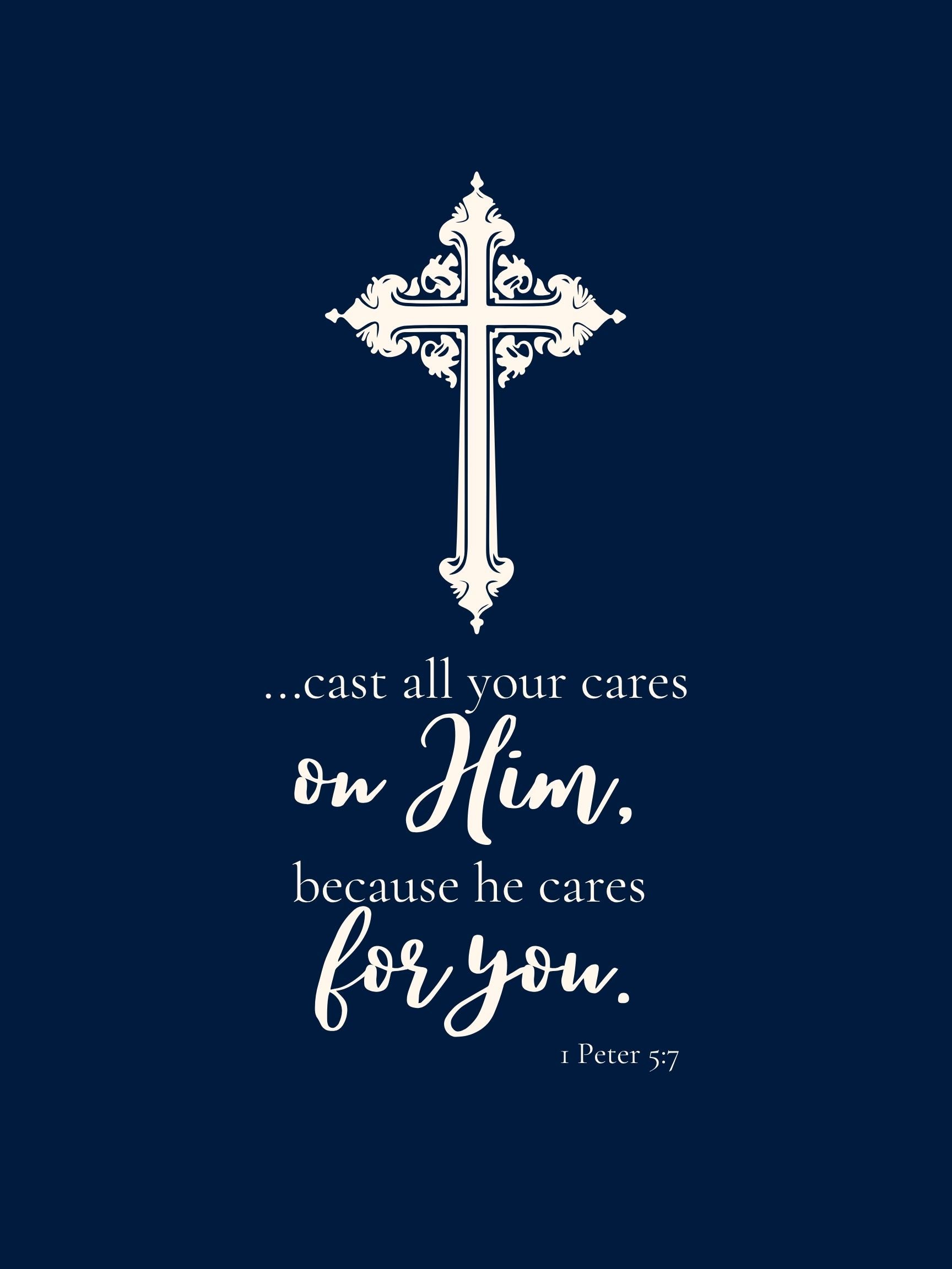 1 Peter 5:7 Scripture Print | Cast All Your Cares on Him | Black White Navy Sage Terracotta Digital Download