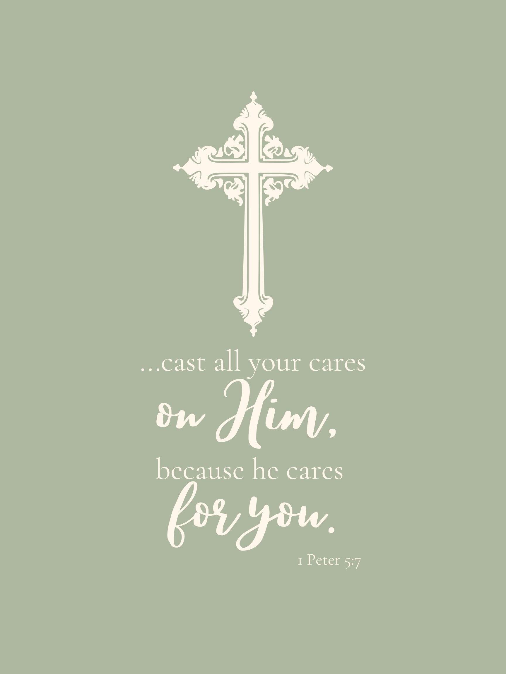 1 Peter 5:7 Scripture Print | Cast All Your Cares on Him | Black White Navy Sage Terracotta Digital Download