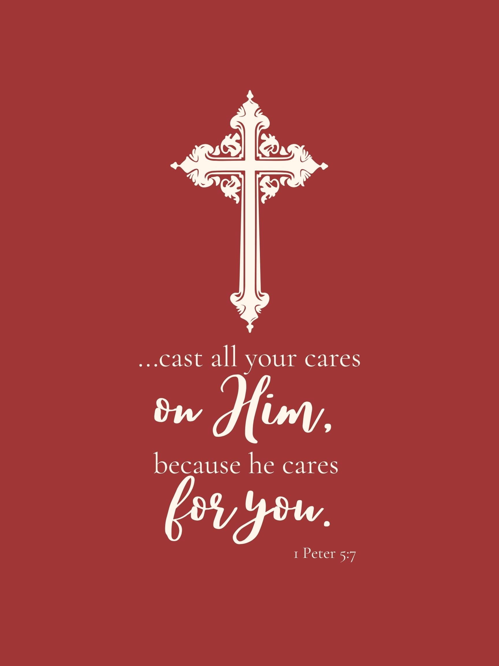 1 Peter 5:7 Scripture Print | Cast All Your Cares on Him | Black White Navy Sage Terracotta Digital Download
