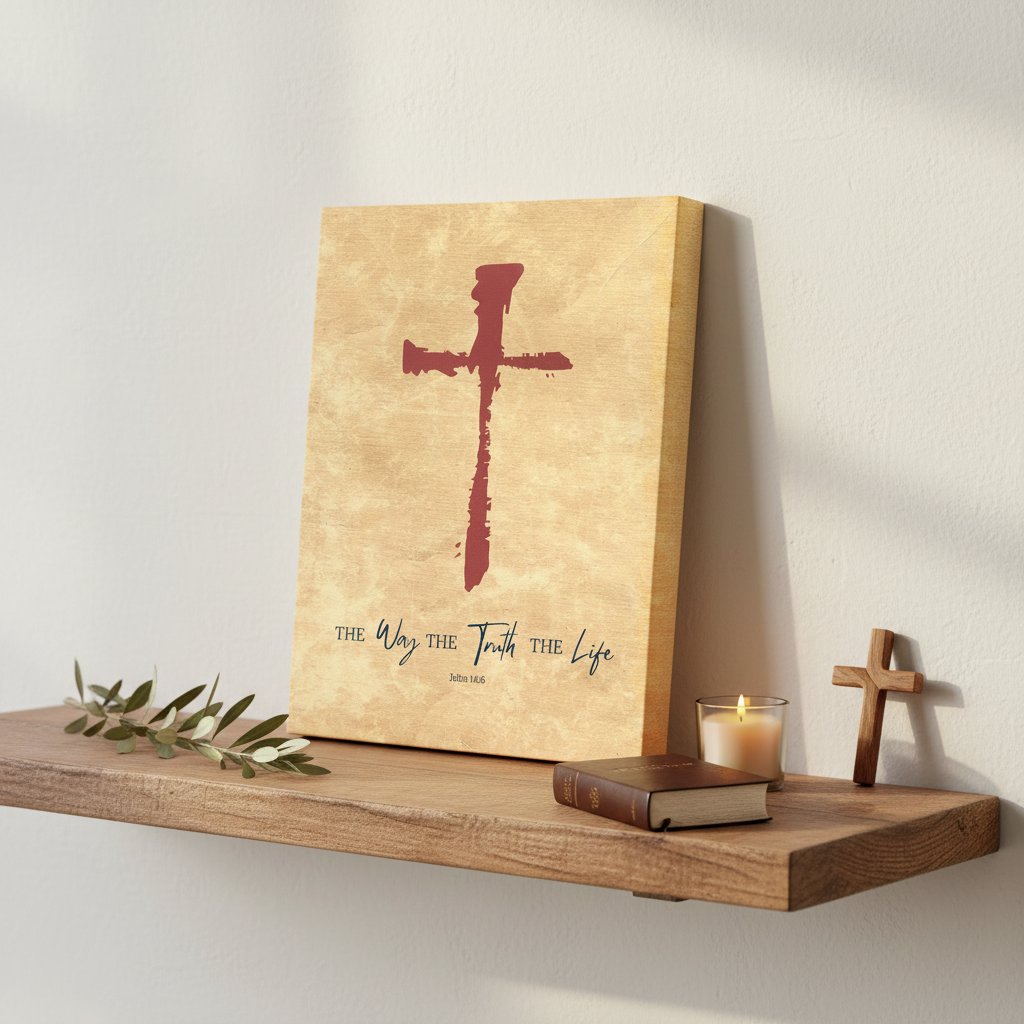 8x10 shelfie — Bible, cross, votive candle