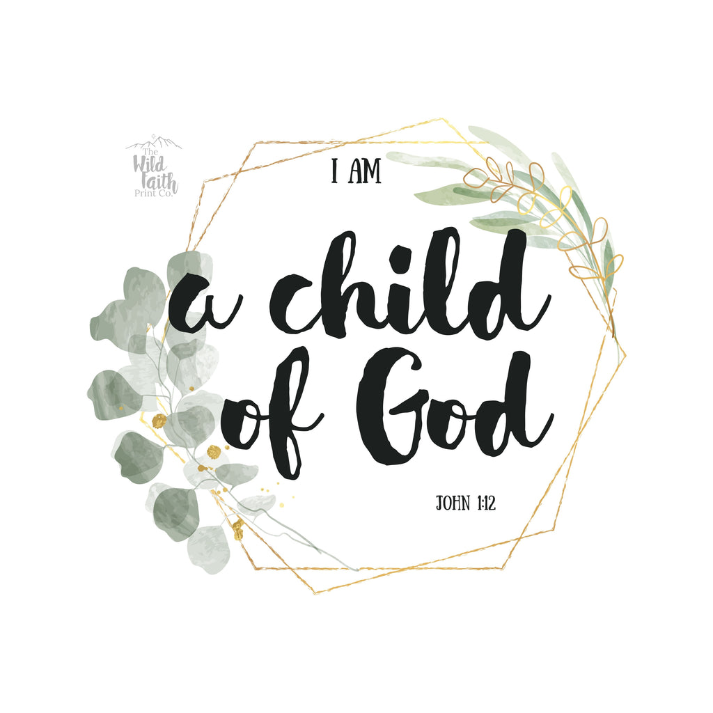 Decorative design with 'I am a child of God' text surrounded by leaves on a white background