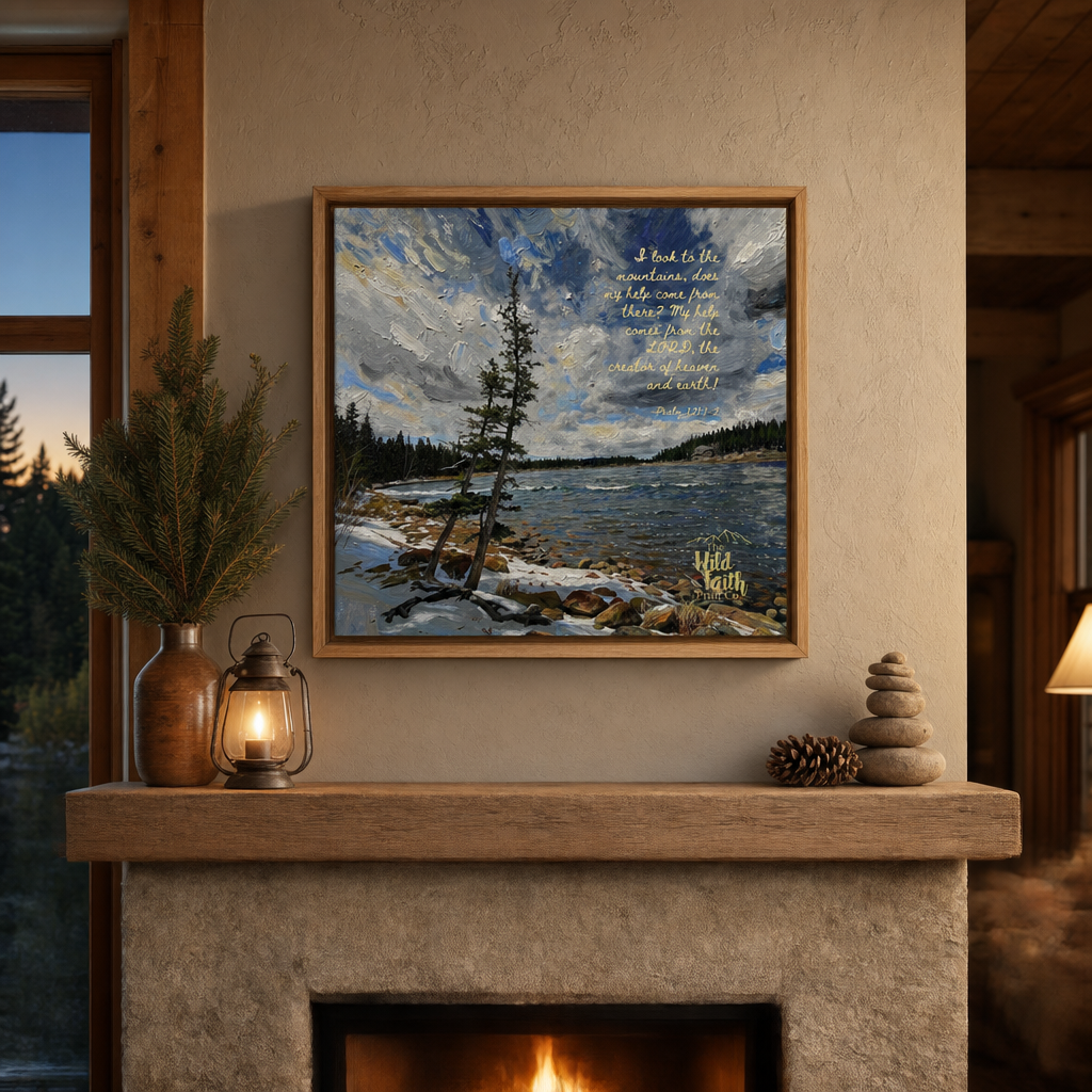 Framed artwork above a fireplace with decorative elements.