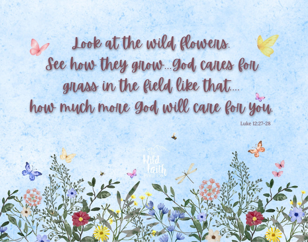 Decorative image with wildflowers, butterflies, and a Bible verse on a light blue background.