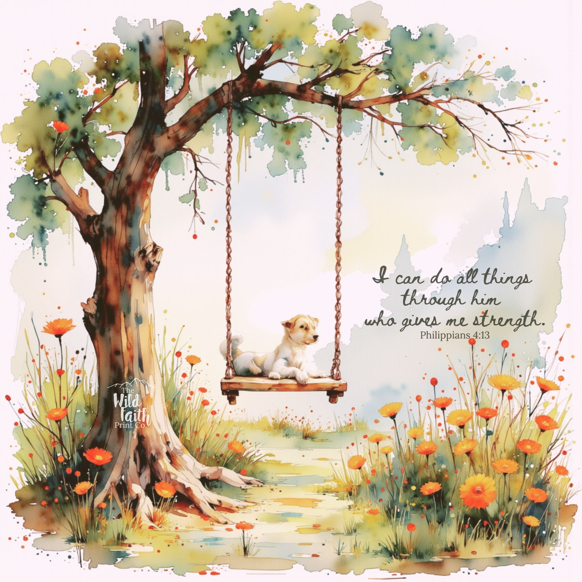 Illustration of a dog on a swing under a tree with flowers, featuring a motivational quote from Philippians 4:13.
