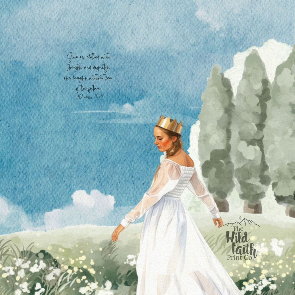 Proverbs 31:25 Scripture Print | She is Clothed With Strength and Dignity | Watercolor Faith Wall Art Digital Download