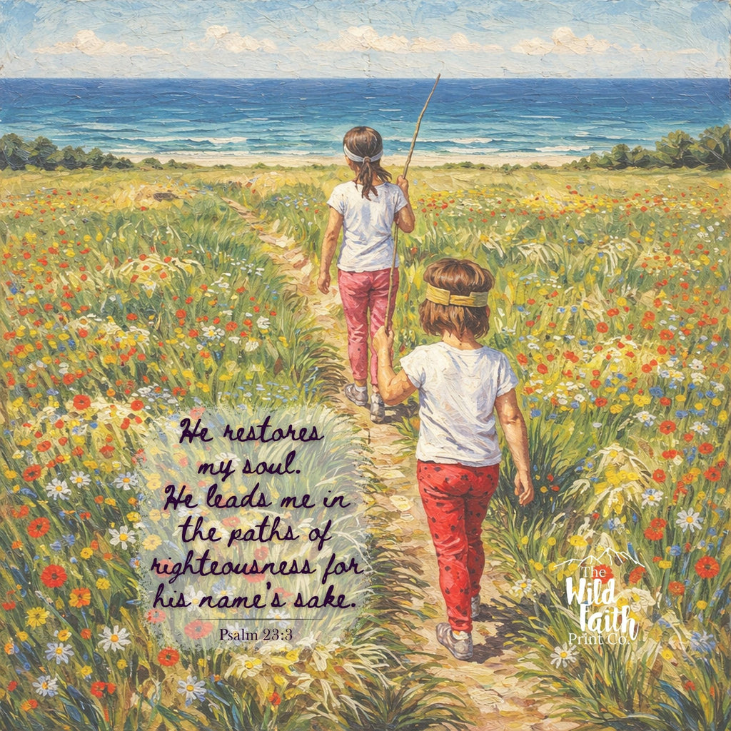 Two children walking along a path in a field with flowers, heading towards the ocean. A quote from Psalm 23 is displayed on the left side of the image.