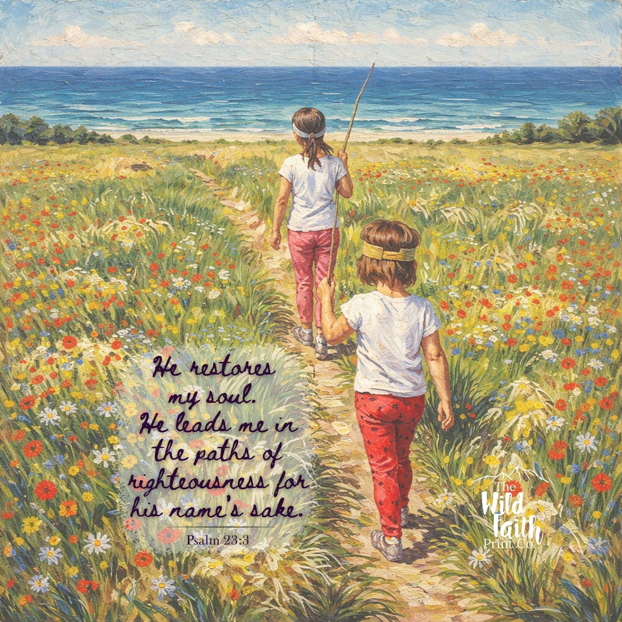 Two children walking along a path in a field with flowers, heading towards the ocean. A quote from Psalm 23 is displayed on the left side of the image.