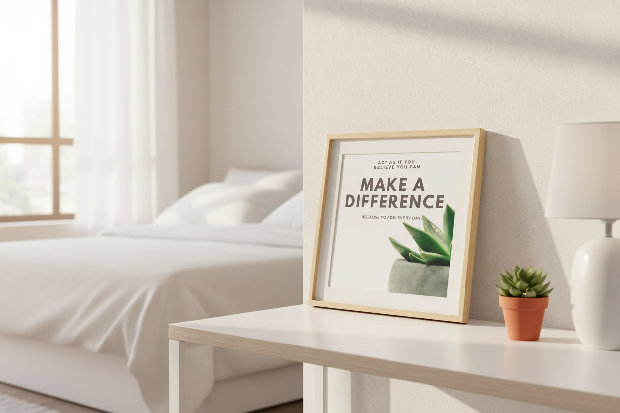 Framed motivational poster on a table in a bright bedroom