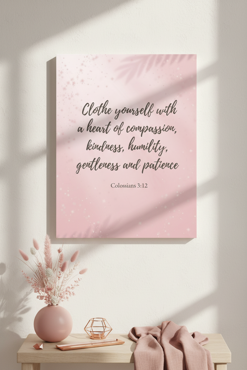 Decorative wall art with inspirational quote on a pink background, placed on a shelf with decorative items.