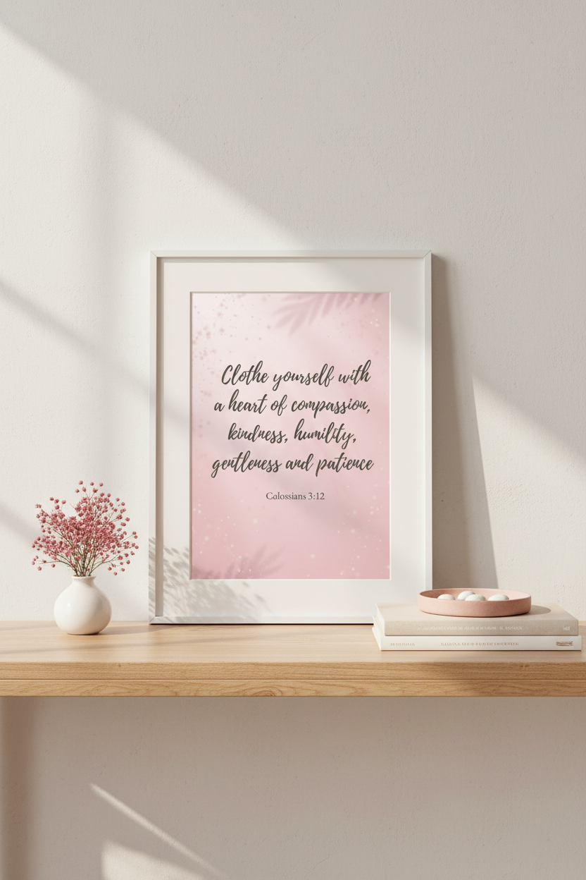 Framed print with motivational quote on a wooden shelf with decorative items.