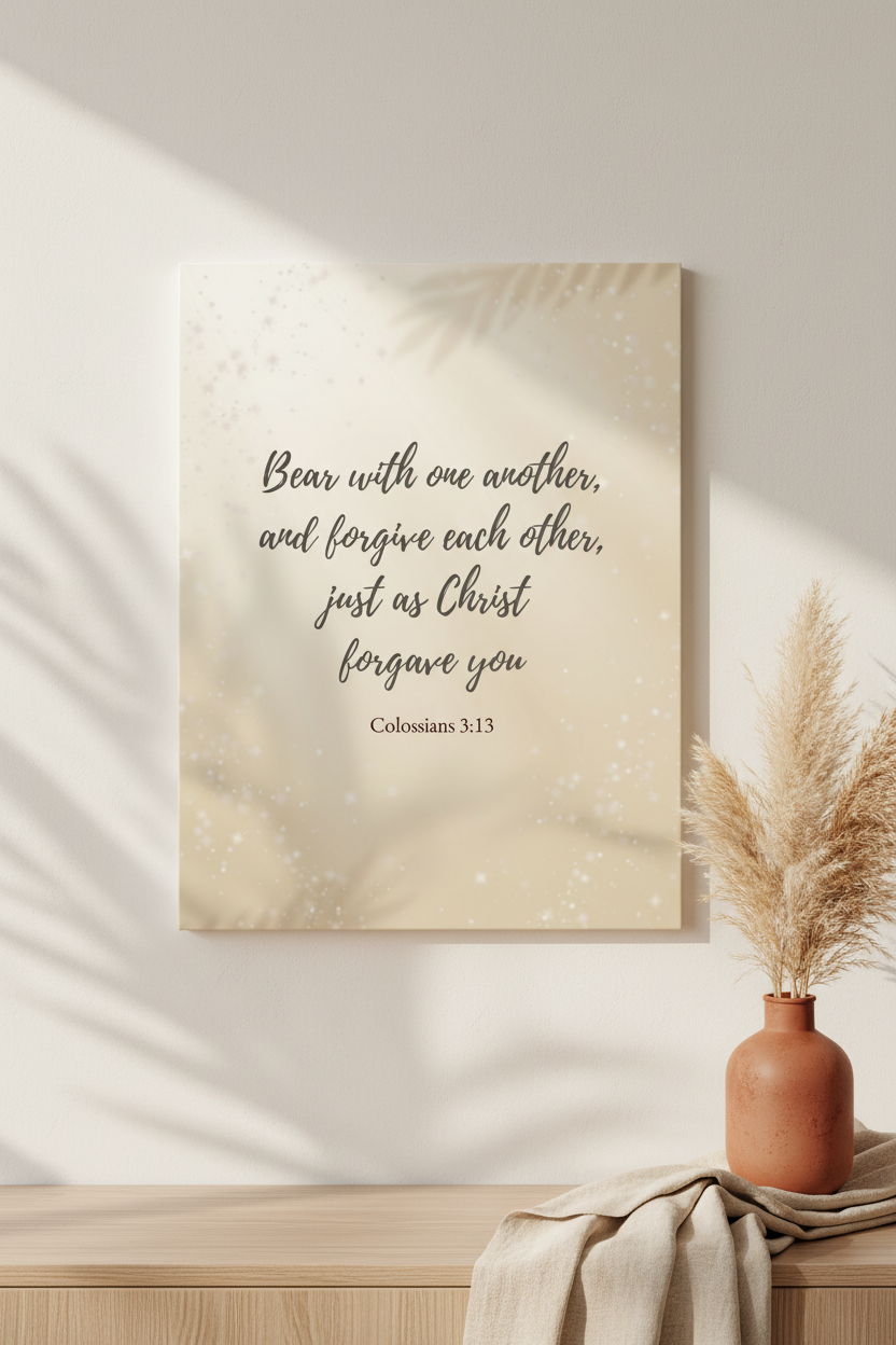 Decorative wall art with inspirational scripture quote on a neutral background