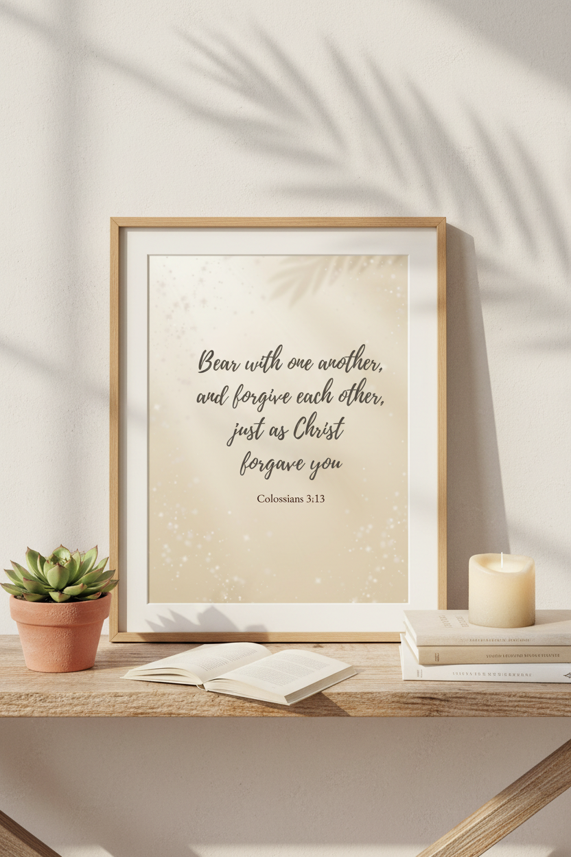 Framed Colossians 3:13 scripture quote in beige on a wooden surface with a plant and candle