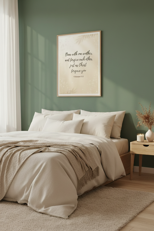 Colossians 3:13 Lifestyle Mockup, bedroom setting on a Sage Green Wall