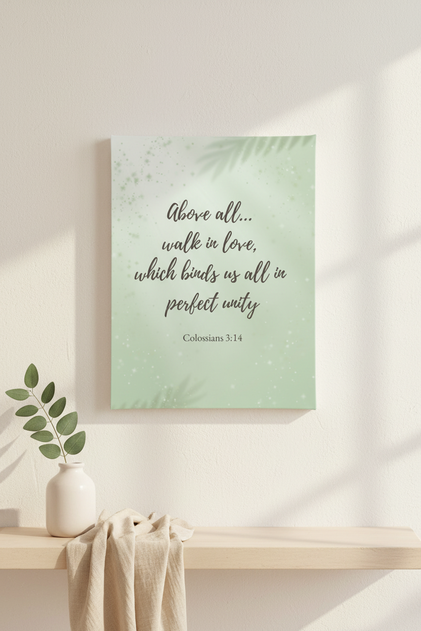 Wall art with motivational scripture quote on a light green background, displayed on a wall above a wooden shelf.