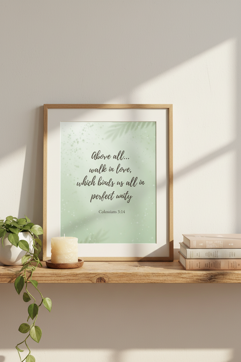 Framed artwork with motivational quote on a wooden shelf with decor items.
