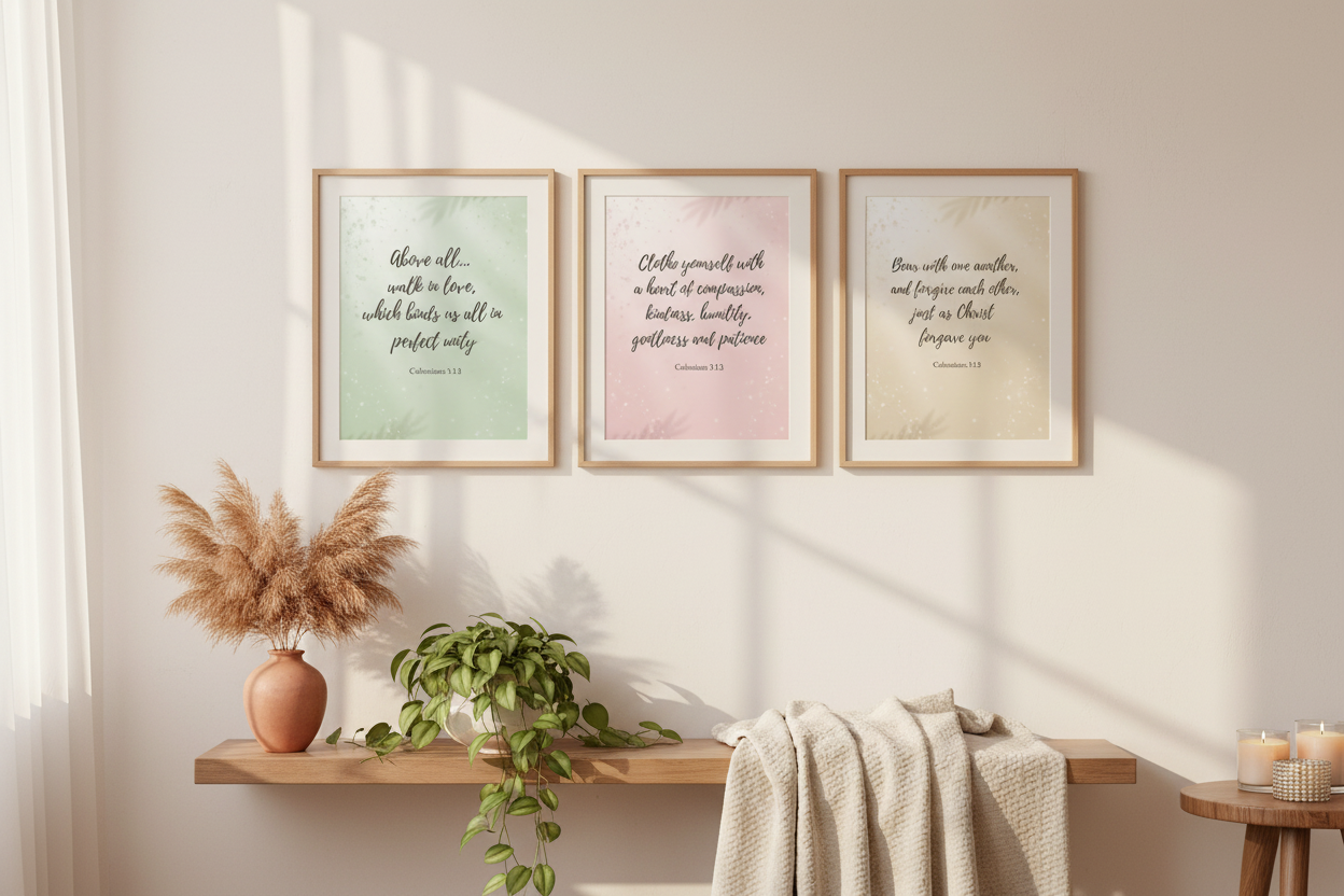 Three framed prints on a wall with a wooden shelf below containing plants and candles.