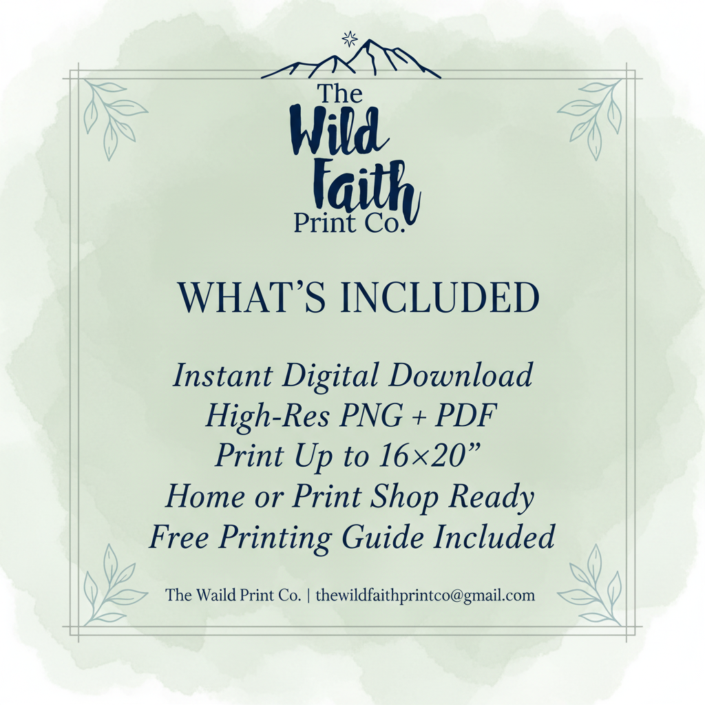 Promotional text for The Wild Faith Print Co. with product details on a light green background.