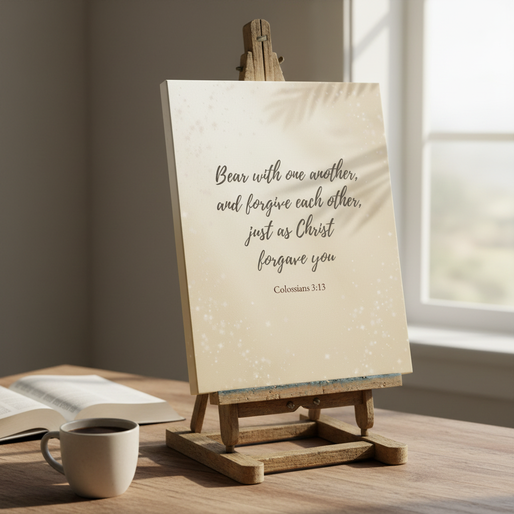 Easel in prayer corner with Bible and coffee