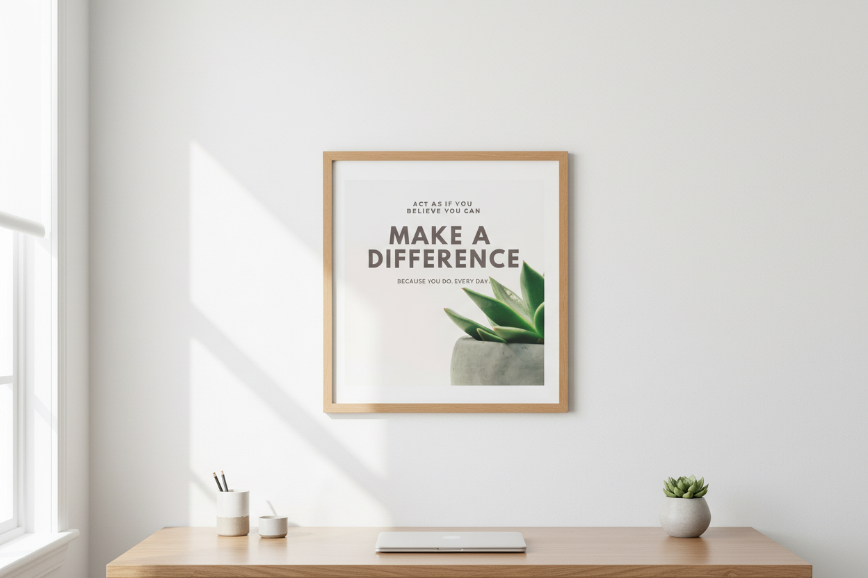 Framed motivational poster on a wall above a desk with plants