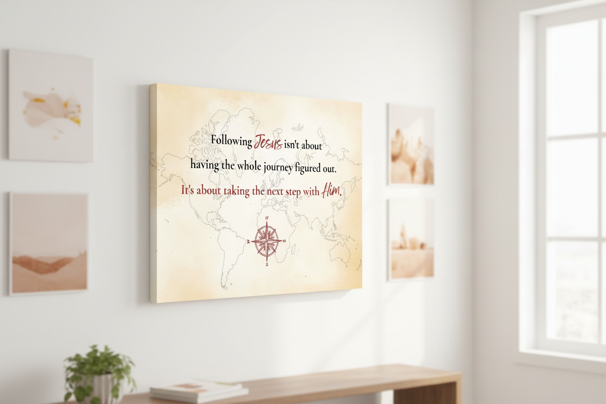 Following Jesus faith print canvas mockup on wall