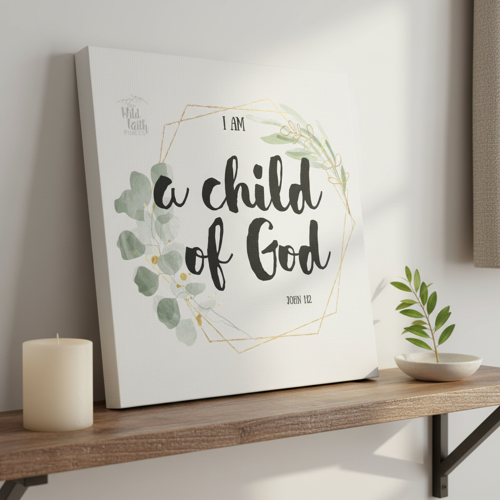 I Am a Child of God John 1:12 canvas print leaning on a wooden shelf with candle and eucalyptus