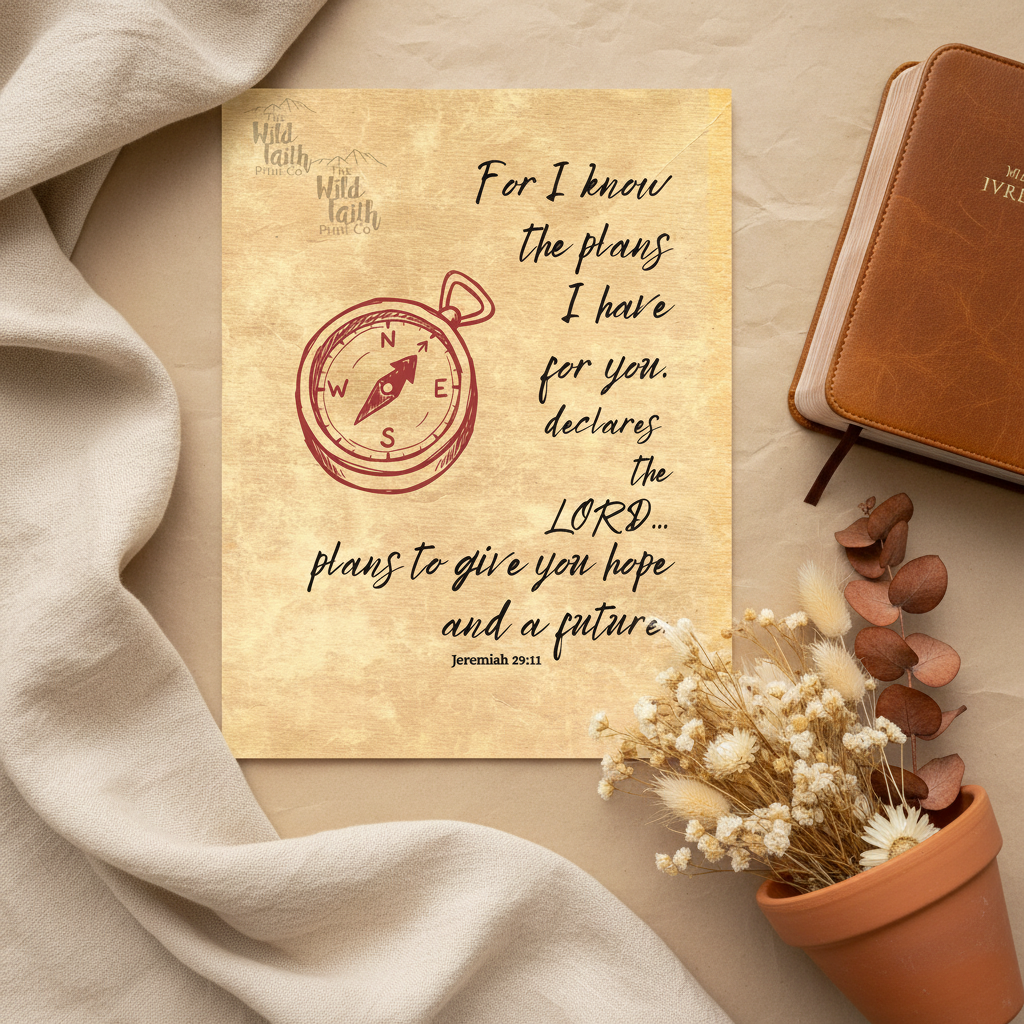 Jeremiah 29:11 parchment scripture print flat lay with open Bible, dried wildflowers, and terracotta pot