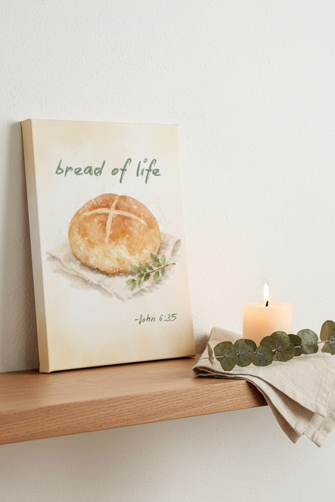 John 6:35 Bread of Life canvas print leaning on a wooden shelf with candle and eucalyptus