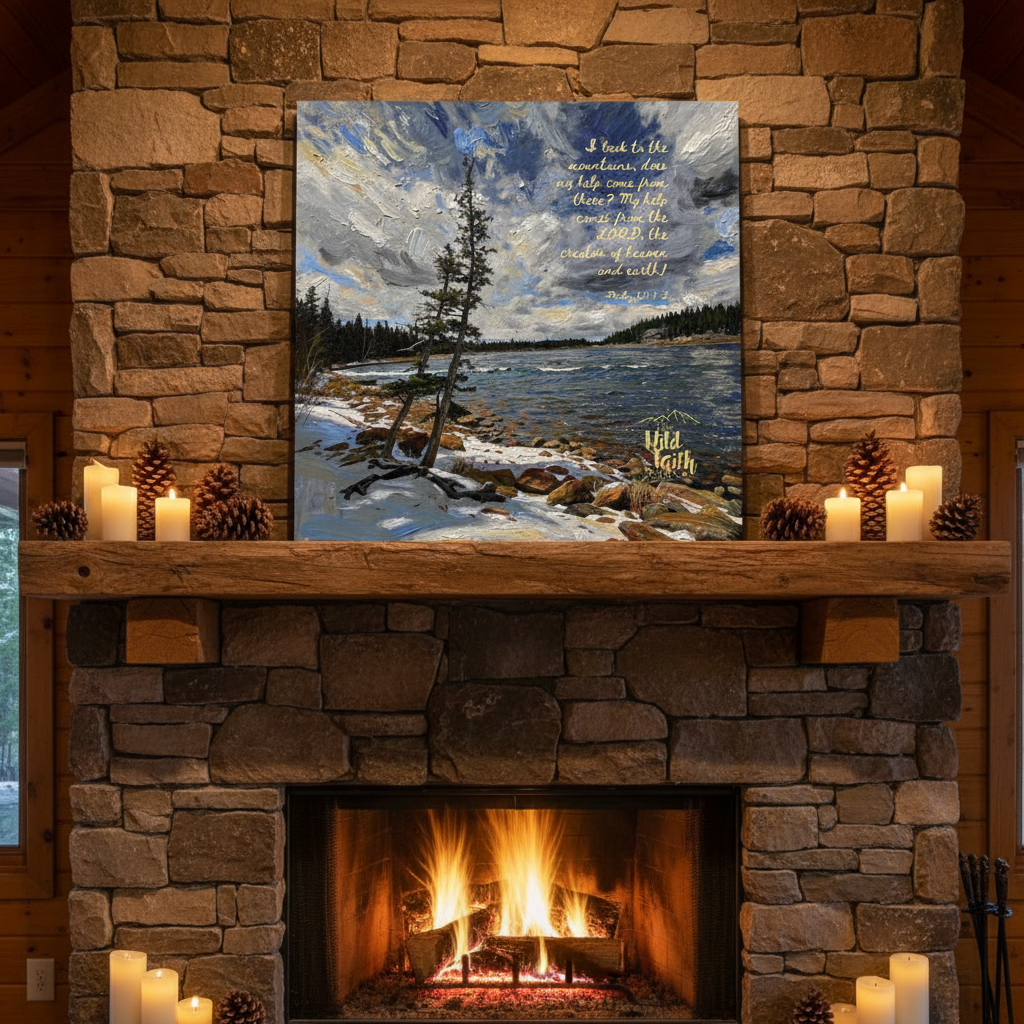 Psalm 121:1-2 canvas print above a stone fireplace mantle with pine cones and candles in a rustic cabin