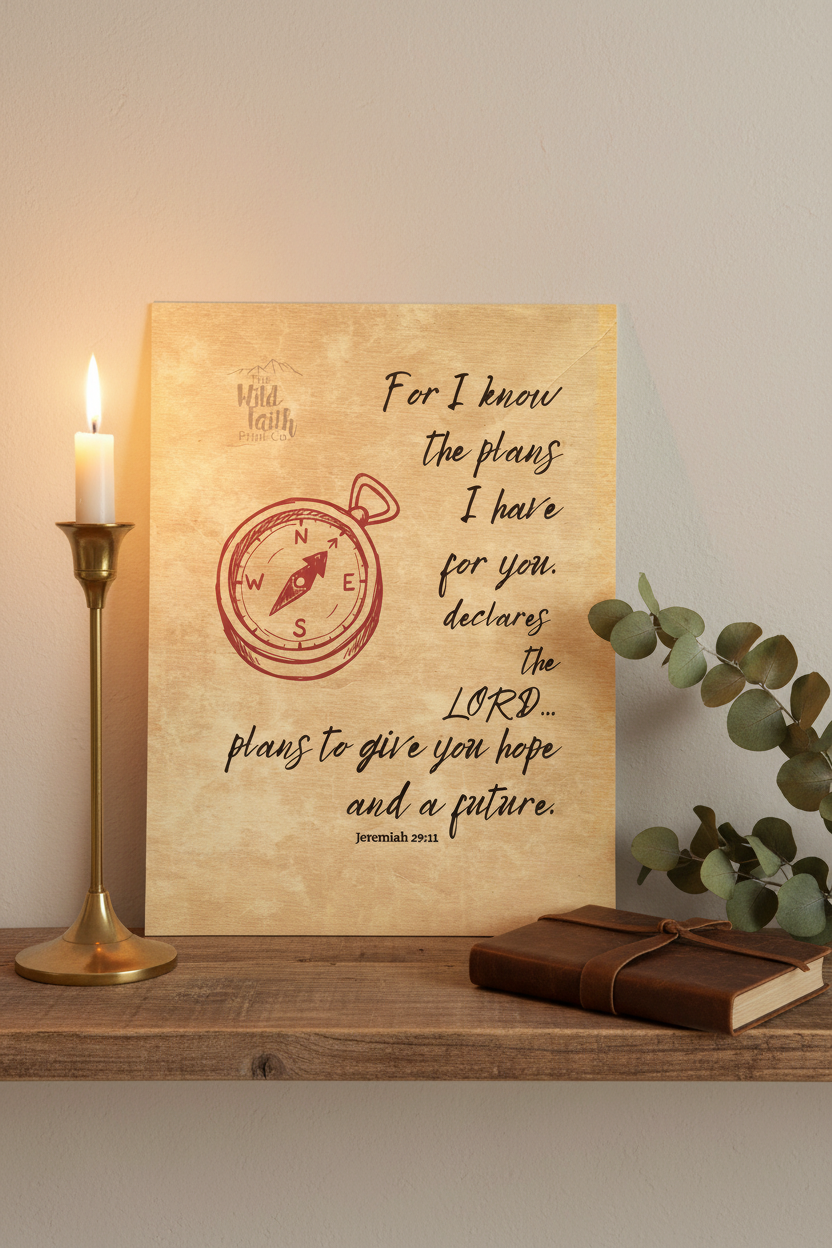 Jeremiah 29:11 parchment scripture print leaning on a rustic shelf with brass candlestick and eucalyptus