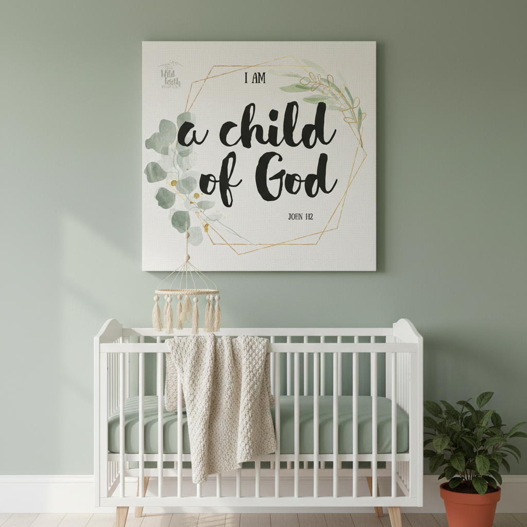 I Am a Child of God John 1:12 canvas print hung on a sage green nursery wall above a white crib