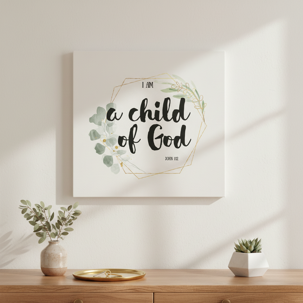 I Am a Child of God John 1:12 canvas print hung above an entryway console table with dried eucalyptus and gold tray
