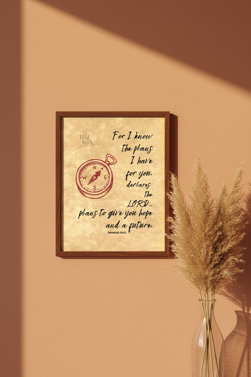 Jeremiah 29:11 parchment scripture print framed on a warm terracotta wall with pampas grass