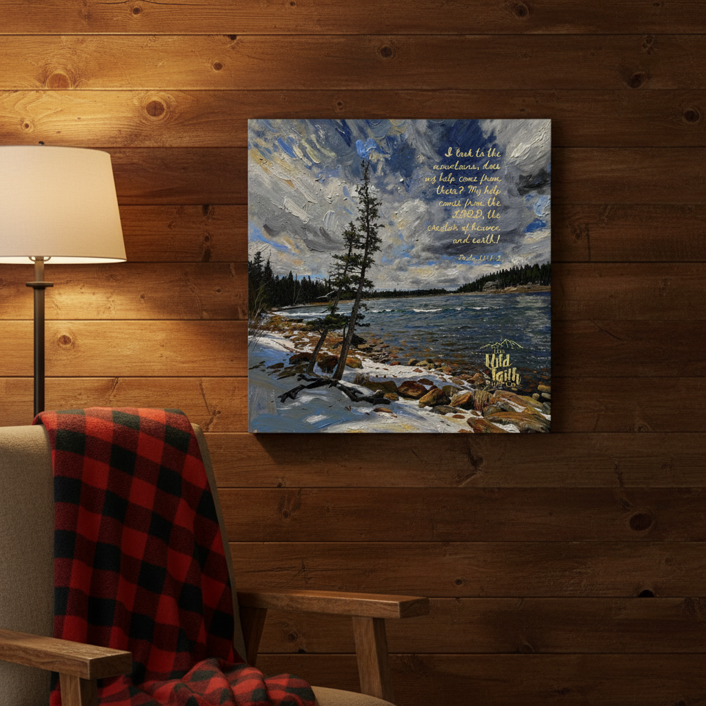 Psalm 121:1-2 canvas print displayed on a wood-paneled cabin wall with plaid throw and warm lamp light