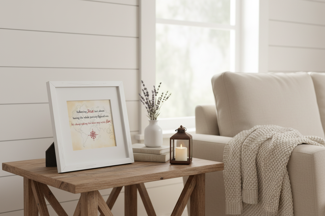 Following Jesus faith print in a small white frame on a shelf