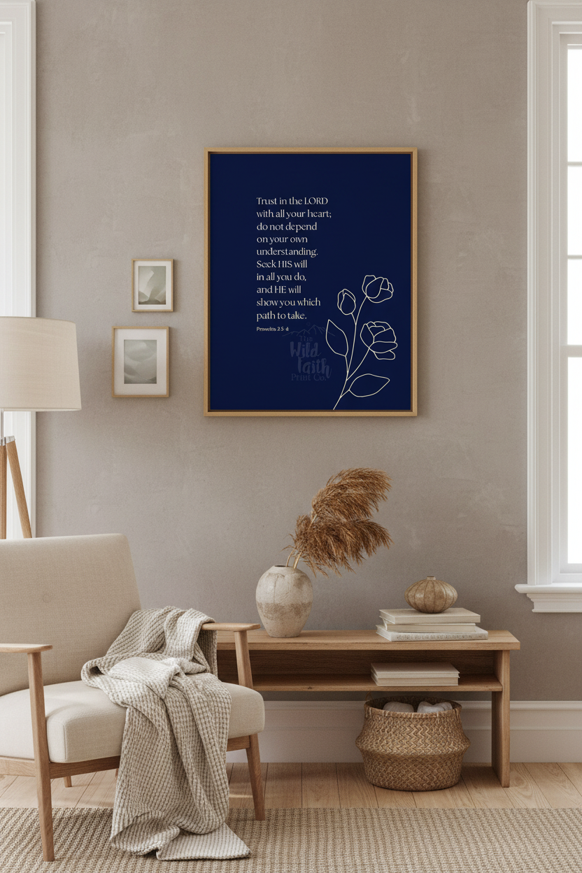Proverbs 3:5-6 Navy Scripture Print - canvas lifestyle mockup