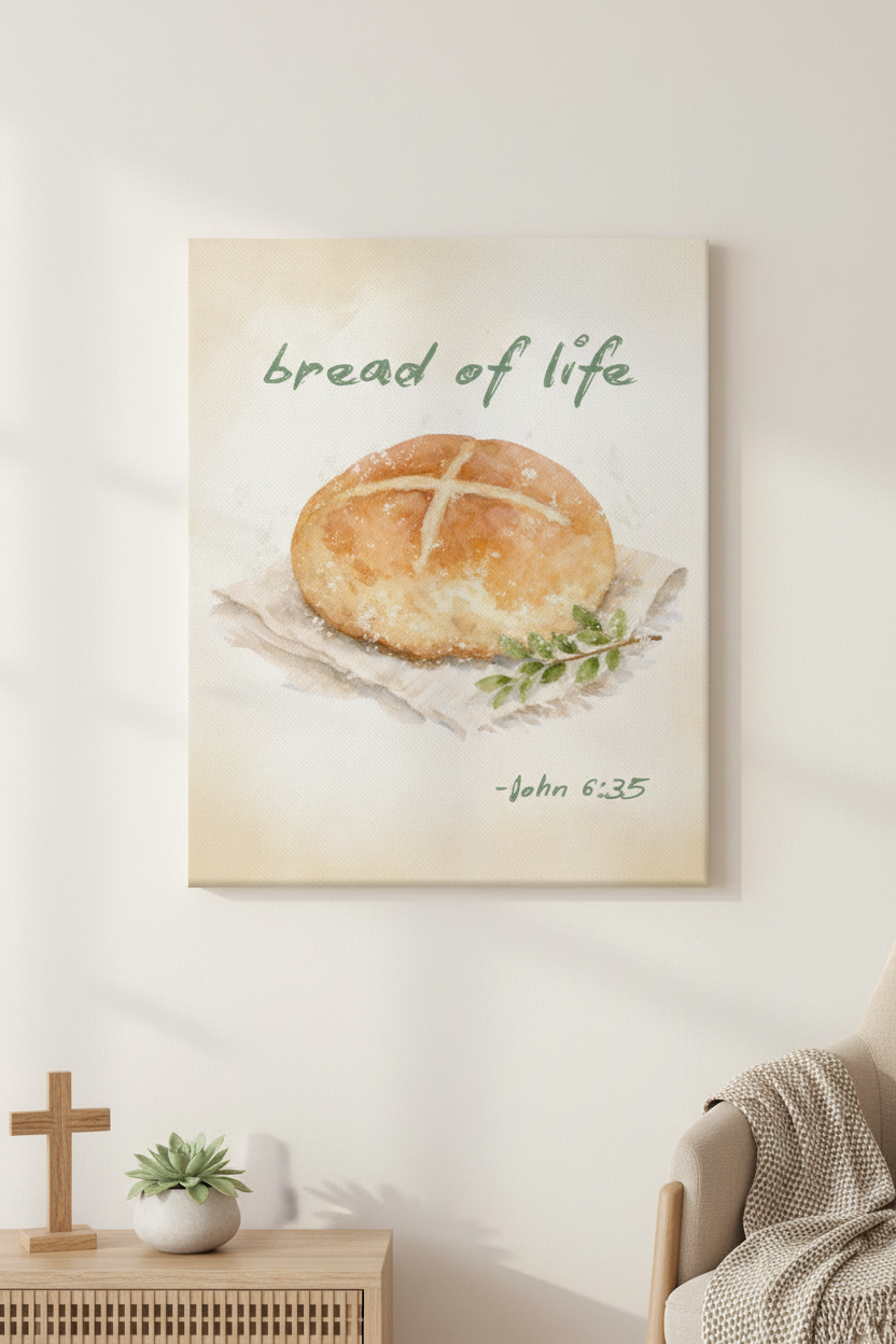 John 6:35 Bread of Life canvas print hanging on a warm white wall