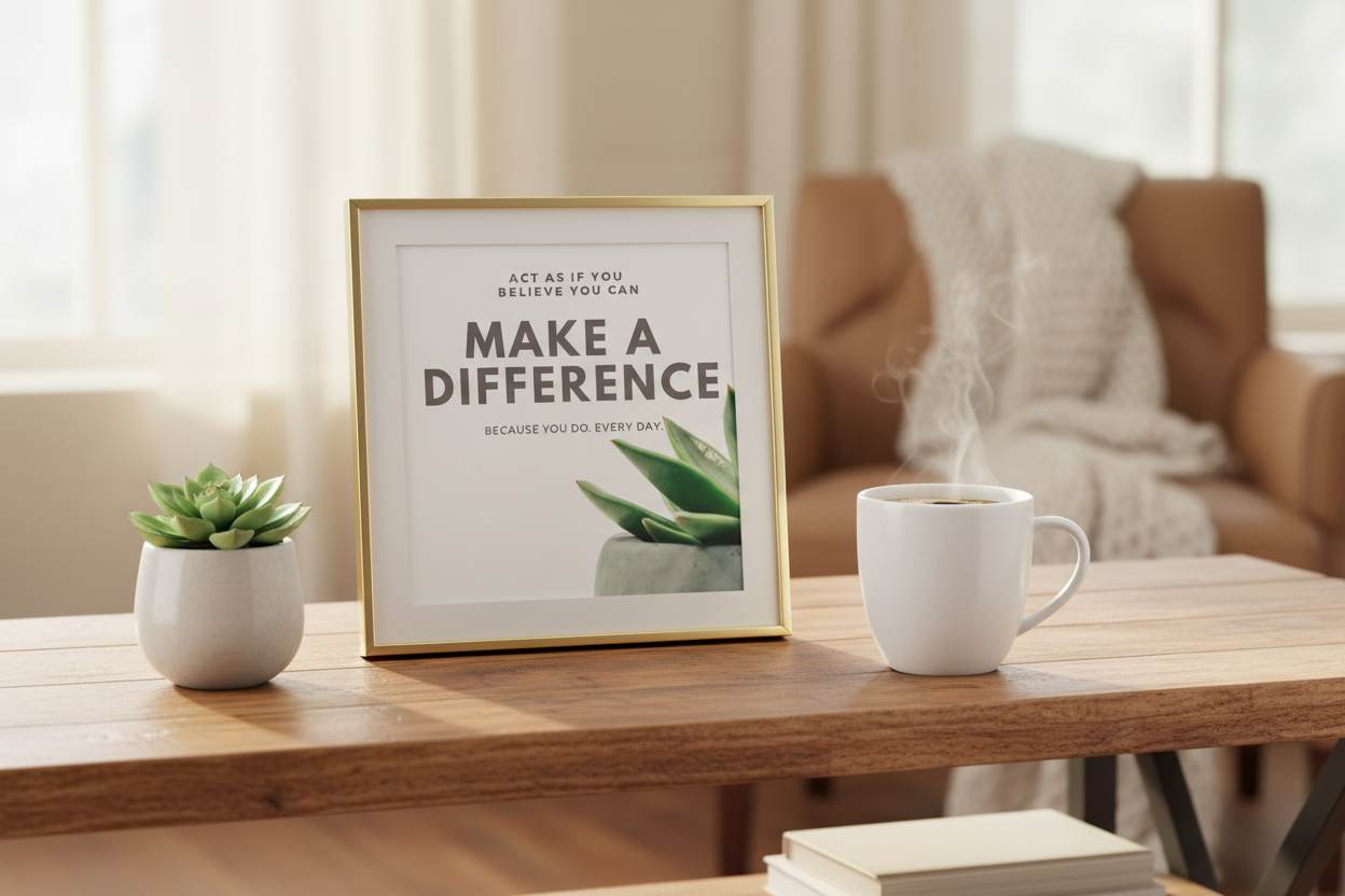 Decorative setup with a framed quote, mug, and plants on a wooden table.
