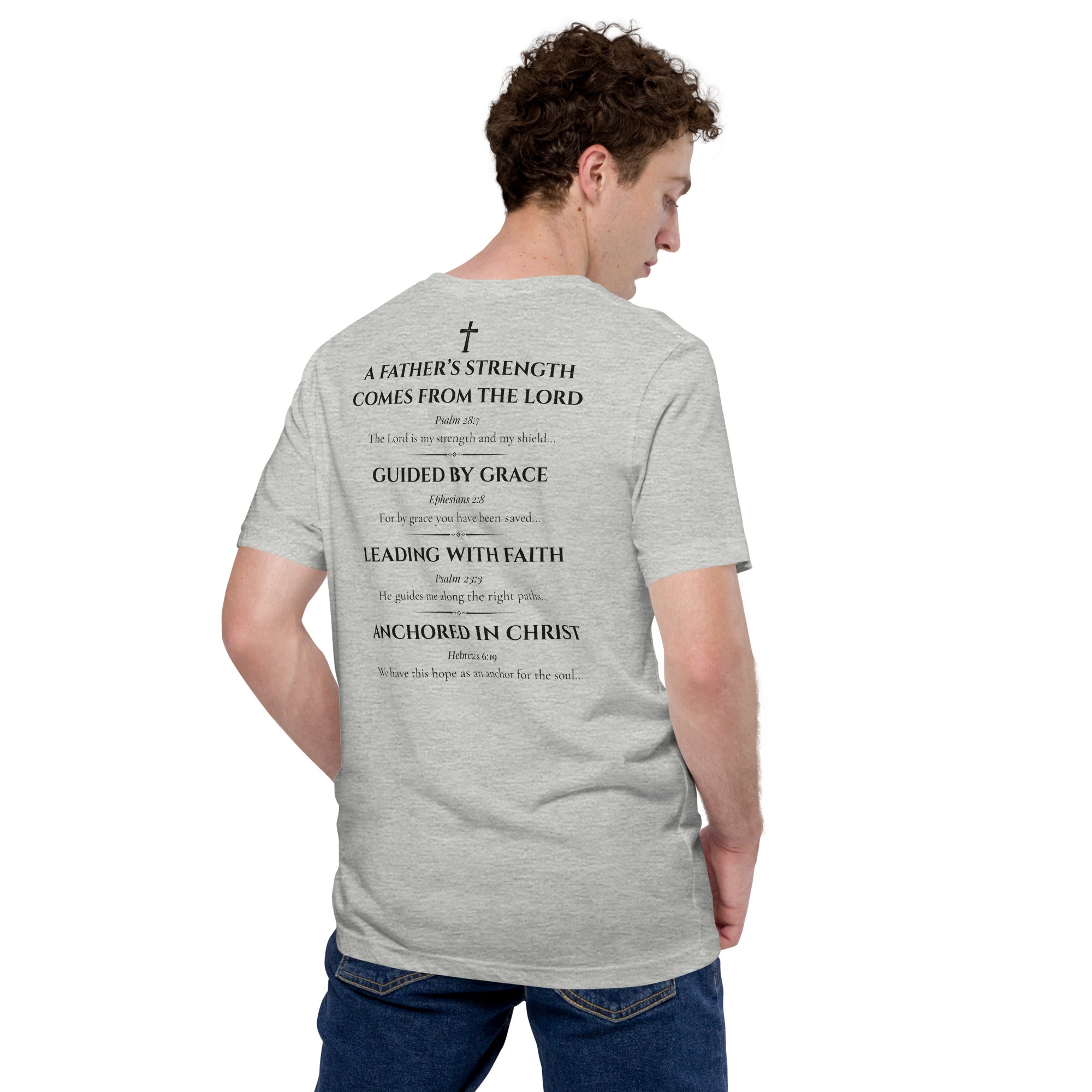 Person wearing a gray t-shirt with scripture printed on the back, standing against a white background.