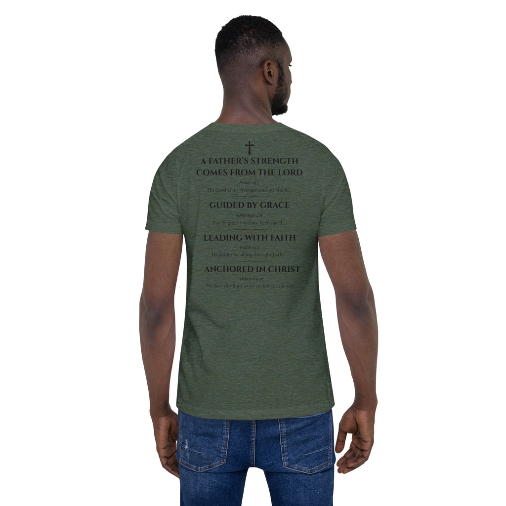 Man wearing a green t-shirt with text on the back, standing against a white background