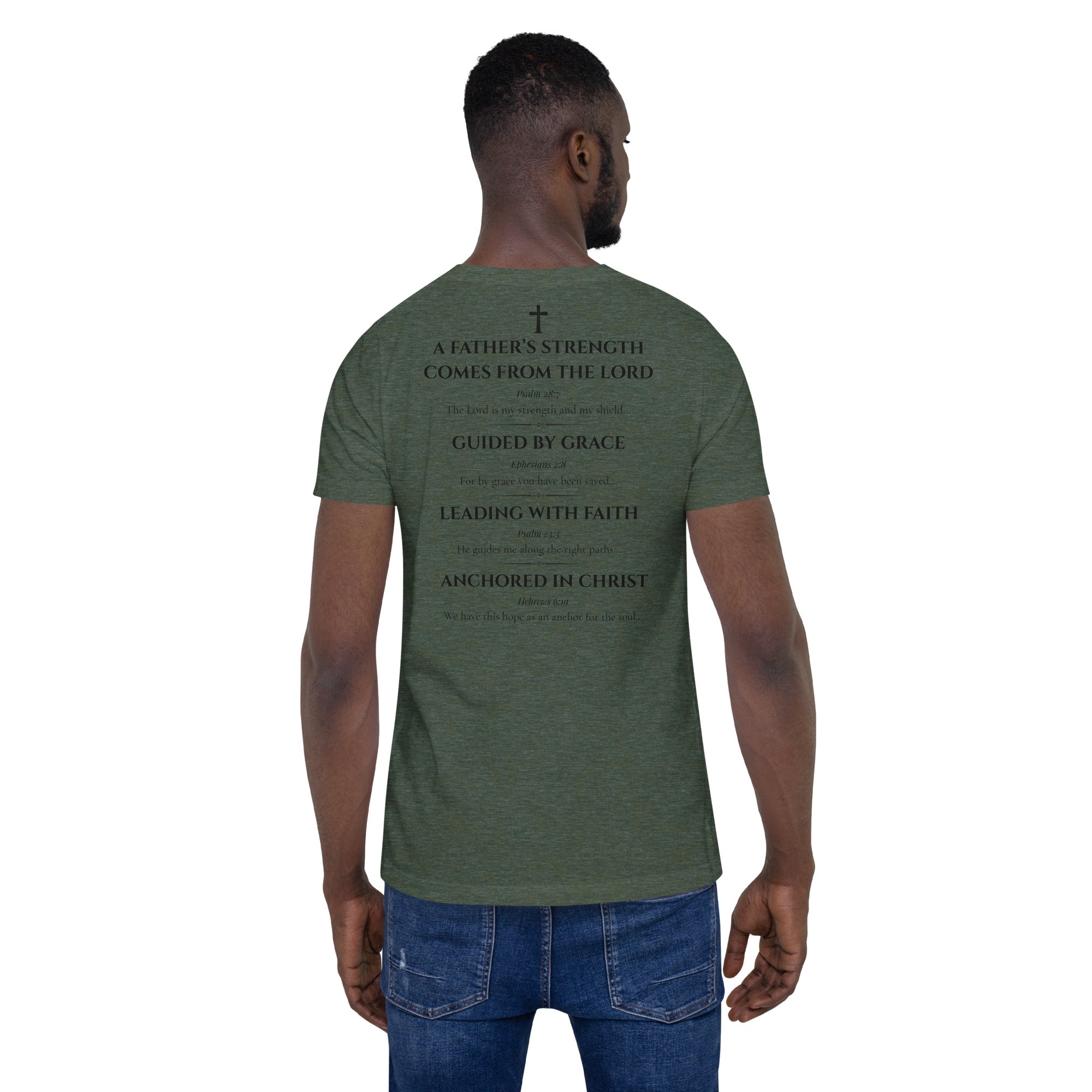 Man wearing a green t-shirt with text on the back, standing against a white background