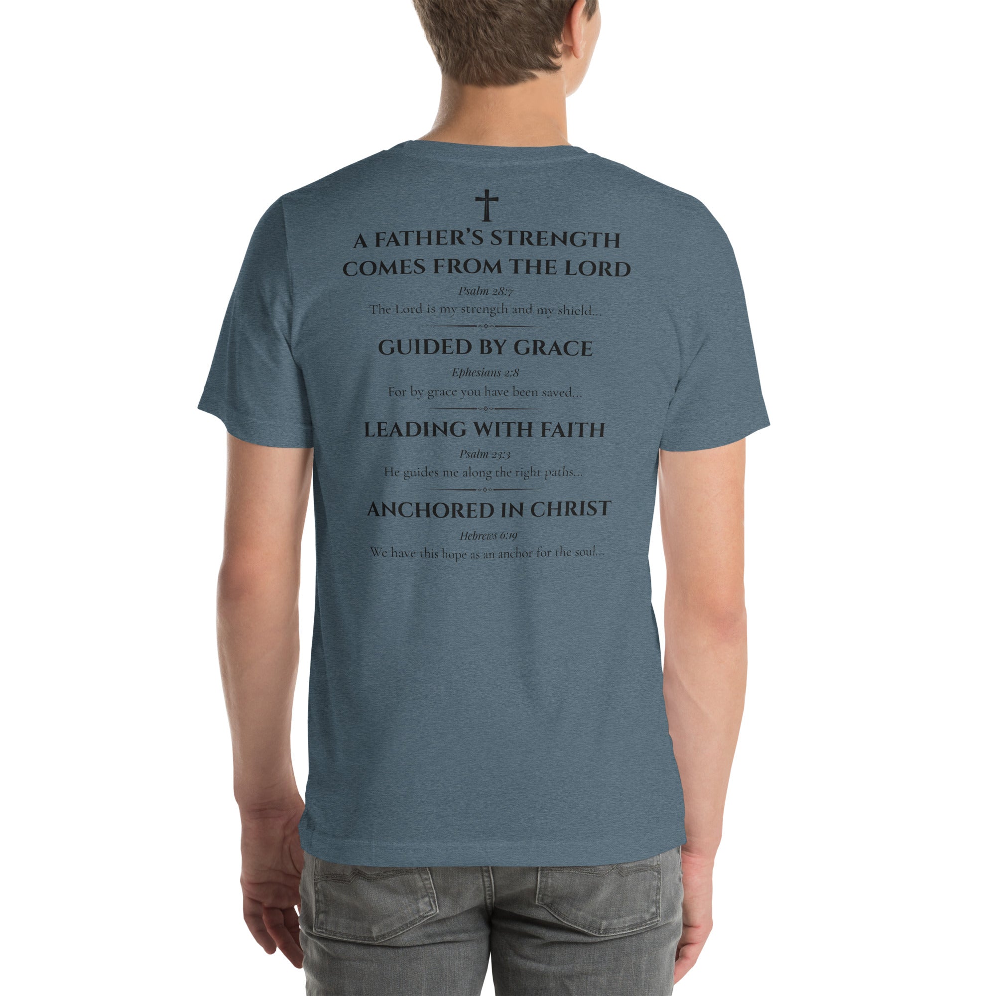 Person wearing a slate blue t-shirt on a white background