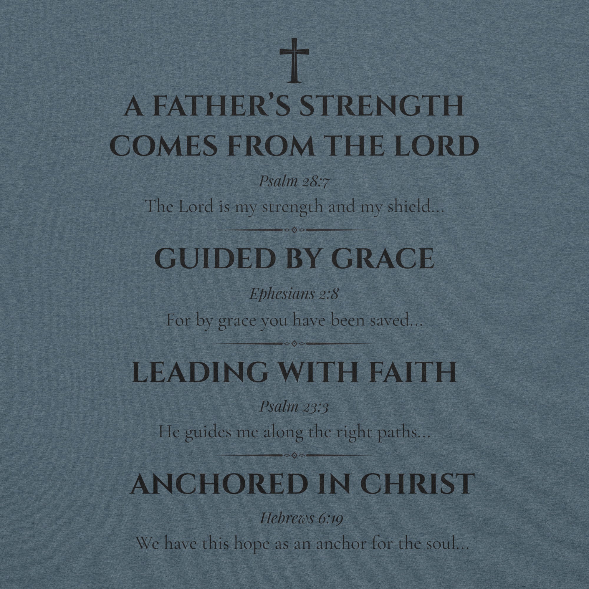 Text with religious quotes and a cross on a blue background