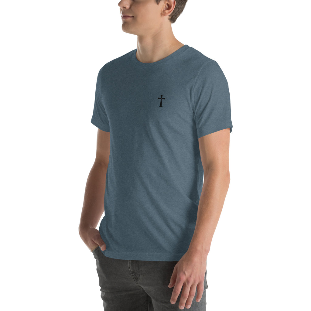 Person wearing a blue t-shirt with a graphic design and text on a white background