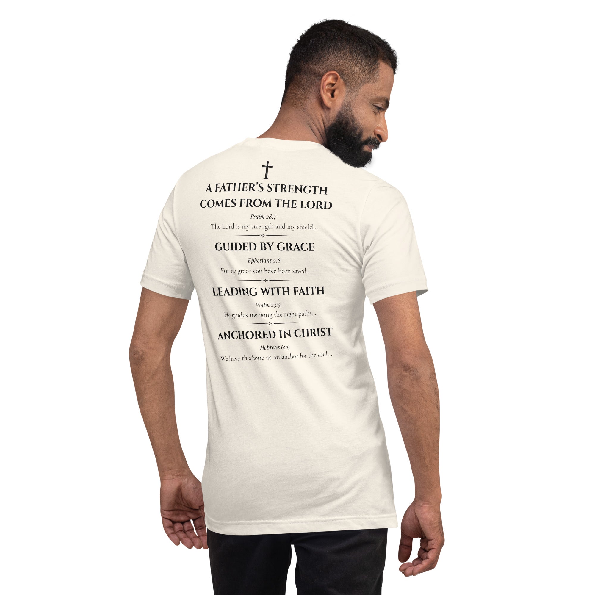 Man wearing a beige t-shirt on a white background.