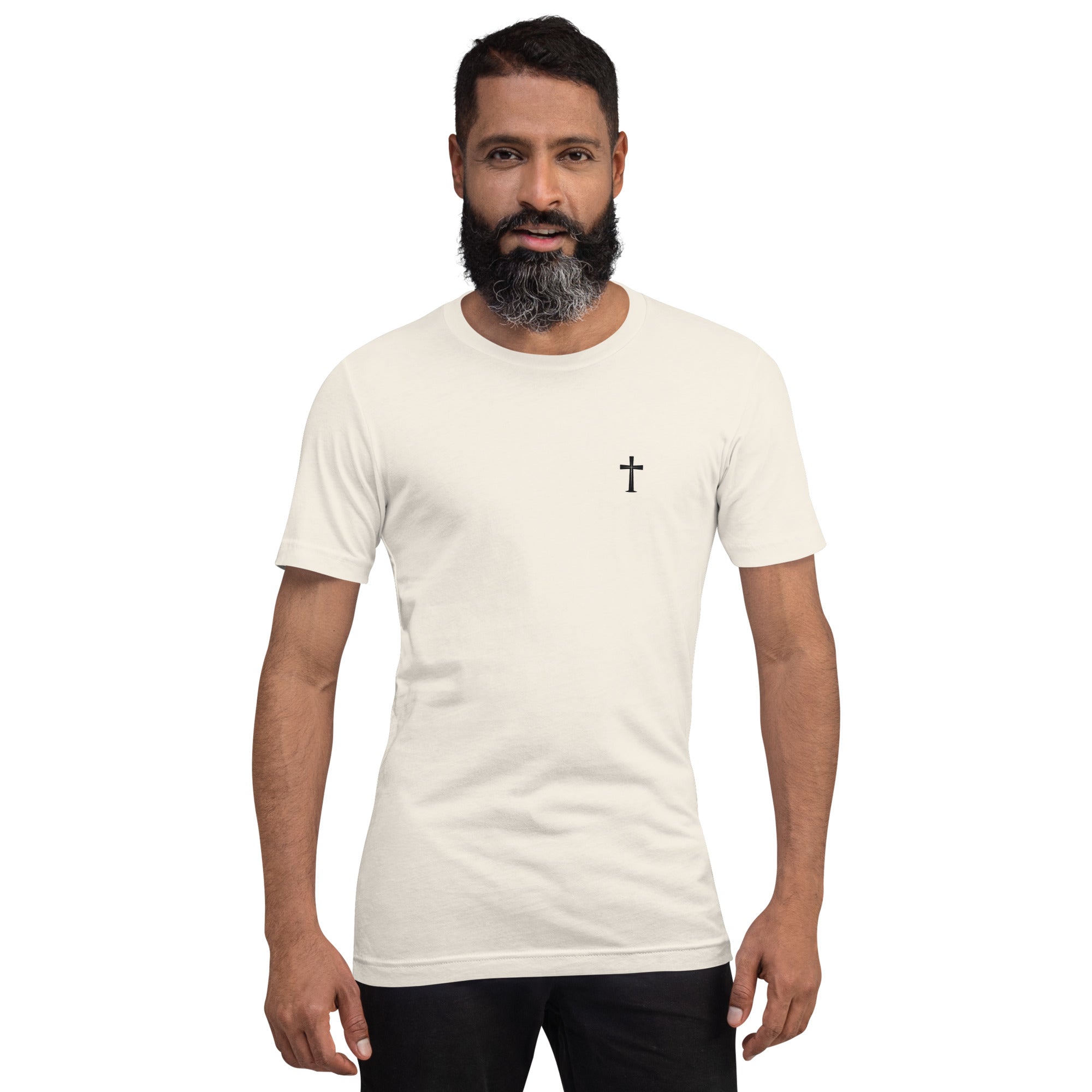 Man wearing a white t-shirt with a black cross on a white background