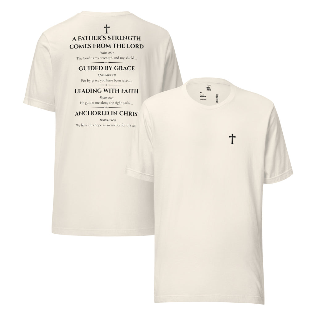 Beige t-shirt with text and cross design on a white background